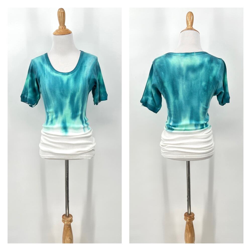 FREE PEOPLE X TRICIA FIX Reworked T-shirt Small Turquoise White Short Sleeve Rib